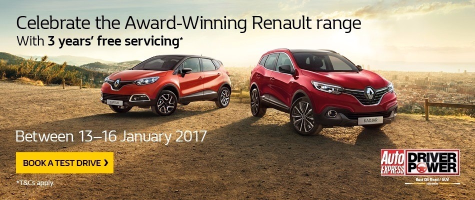 RENAULT OFFERS A COMPLIMENTARY THREE-YEAR SERVICE PLAN WITH SELECTED NEW MODELS PURCHASED THIS WEEKEND